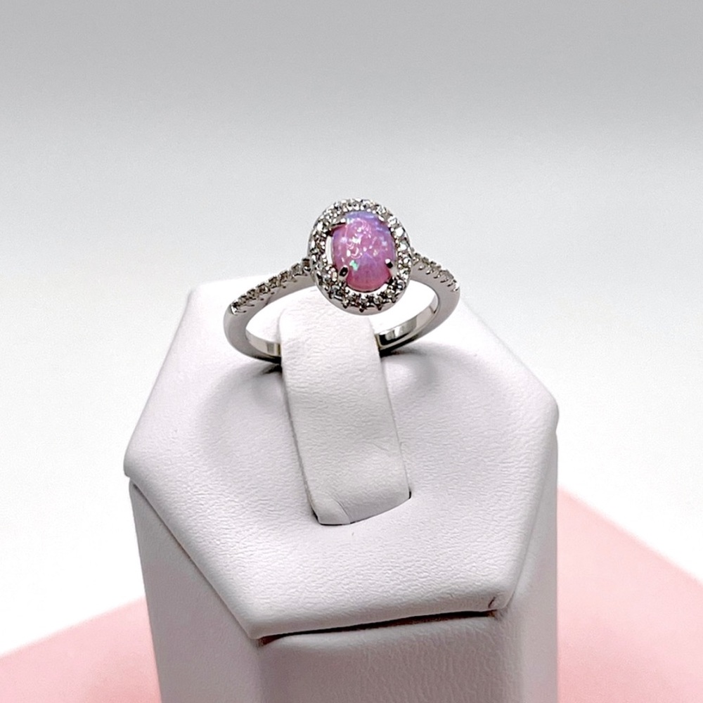 Sterling Pink Lab Opal and Clear CZ Oval Halo Ring - Picture 4 of 16